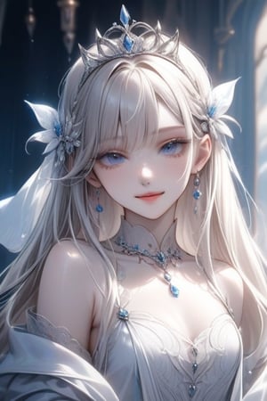 Beautiful, soft light, (beautiful and delicate eyes), very detailed, pale skin, big smile, (long hair), dreamy, medium chest, female 1, ((front shot)), bangs, soft expression, height 170, elegant , Bright smile, 8k art photo, small necklace, small earrings, fantasy, jewelry, shyness, dreamy soft image, masterpiece, ultra high resolution, white clothing, whith tone, 1girl, hair ornament, tiara, white blindfold