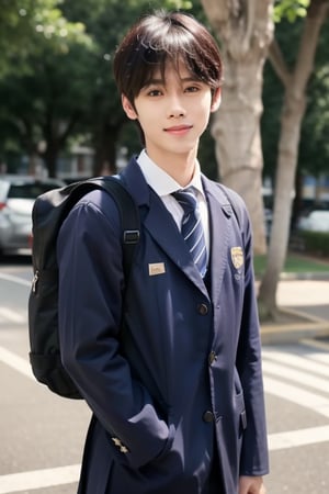 busty and handsome boy, 8k, masterpiece, ultra-realistic, best quality, high resolution, high definition, 1boy, school uniform, school boy, backpack, smile,Hujie,solo