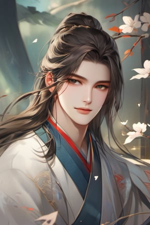 handsome korean male, masterpiece, best quality, extremely detailed, (illustration, official art:1.1),handsome face,1 boy ,(((( dark long hair)))),black hair,, long hair ((blush)), masterpiece, best quality,(((((a very delicate and handsome boy))))),Amazing,beautiful detailed eyes,blunt bangs((((little delicate boy )))),tareme(true beautiful:1.2), sense of depth,dynamic angle, hanfu, ancient, affectionate smile, (true beautiful:1.2),,(1 boy model:1.2),),, masterpiece,beautiful eyes,textile shading, custics,extremely detailed CG, photography,RAW photo,
,,twinbraidblue eyes, ,solo,midjourney,more detail XL