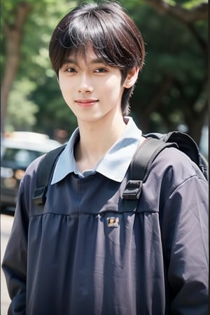 busty and handsome boy, 8k, masterpiece, ultra-realistic, best quality, high resolution, high definition, 1boy, school uniform, school boy, backpack, smile,Hujie,solo