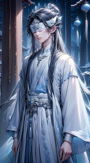 Beautiful, soft light, (beautiful and delicate eyes), very detailed, pale skin, (long hair), dreamy, black long hair, male 1, ((full body shot)), bangs, soft expression, height 170, elegant, 8k art photo, small necklace, small earrings, fantasy, jewelry, dreamy soft image, masterpiece, ultra high resolution, tear, white clothing, white hanfu, night, dark, snowy, whith tone, 1boy, hair accessories, hair ornaments, (wearing white blindfold:1.2), (BP:1.2), standing, chinese garden, ancient chinese, Asian, cover eyes, close eyes, (wearing white big mask:1.3), royal, man, sole male, boy