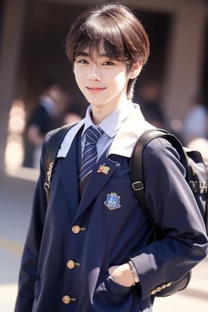 busty and handsome boy, 8k, masterpiece, ultra-realistic, best quality, high resolution, high definition, 1boy, school uniform, school boy, backpack, smile,Hujie,solo