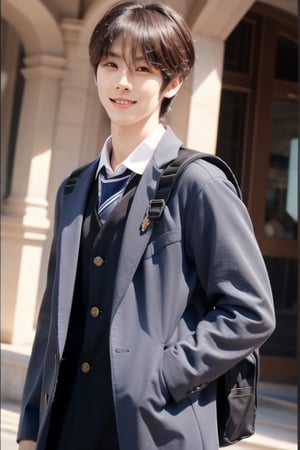 busty and handsome boy, 8k, masterpiece, ultra-realistic, best quality, high resolution, high definition, 1boy, school uniform, school boy, backpack, smile,Hujie,solo