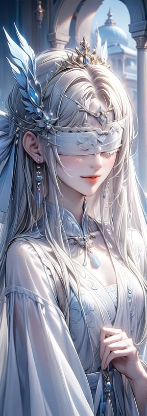 Beautiful, soft light, (beautiful and delicate eyes), very detailed, pale skin, big smile, (long hair), dreamy, medium chest, female 1, ((front shot)), bangs, soft expression, height 170, elegant , Bright smile, 8k art photo, small necklace, small earrings, fantasy, jewelry, shyness, dreamy soft image, masterpiece, ultra high resolution, white clothing, white hanfu, palace, sunlight,  light, golden ray, snowy, whith tone, 1girl, hair accessories, hair ornaments, tiara, (wearing white blindfold:1.2), (BP:1.2), cover eyes, close eyes, mask