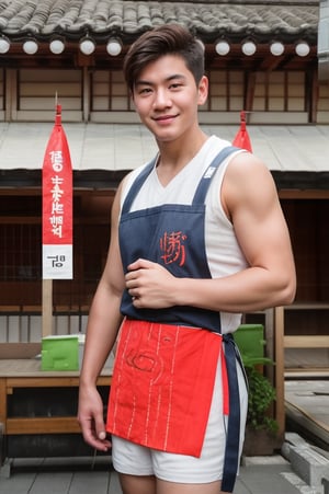 A muscular Asian boy aged around 25, adorned in a sleek rikshaw puller's apron, stands looking for someone with a happy pose towards the camera. Framed against a Japanese old town in Kyoto, with delicate paper screens and intricately tiled roofs, he poses with a sense of quiet strength. (He is wearing a sleeveless dark grey Shafu apron and skin-tight white compression shorts.) Chiseled athletic body, arms, and legs. (Medium Length Korean Hairstyles).
. The foreground Japanese banners add a touch of elegance. Thai Idol