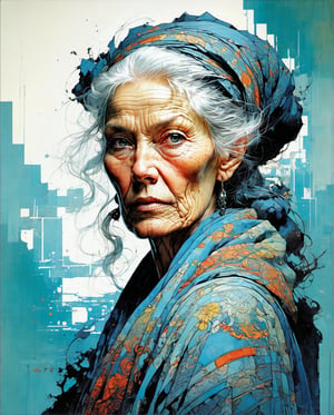 James Jean Style -Philippe Druillet Style, in the style of colourful Moebius, an old beautiful woman with lots of wrinkles, very strong look, chiselled face, super detailed eyes,  long hair overlapping the shoulders, dark cloth, highly detailed cloth in the wind, centre, look at the viewer, very serious face, beautiful face, beautiful eyes, looks like a godmother, detailed digital painting bright colours used, very good lighting , dermatic backlighting, trompe-l'œil illusionistic detail, dark aquamarine, sleepycore