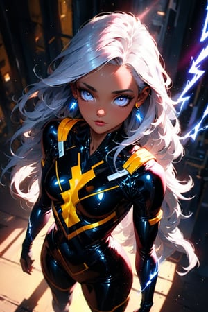 realistic beautiful young (Storm from the XMEN by Conrad Roset, Nicola Samori), (purposefully beautiful:1.4), (large eyes, white eyes), (cute face, long hair, white hair), (dark skin, superhero costume, black latex, lighting bolt earings), (electricity fills the air, light particles, lens flare:1.3), highly detailed, vibrant, production cinematic character render, ultra high quality model, (Full HD render + immense detail + dramatic lighting), (cowboy shot, view from Top:1.5),cyberpunk style