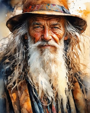 an old handsome old man with, very strong look, chiselled face, super detailed eyes,  stylish long hair overlapping the shoulders, ((dark cloths)), highly detailed cloth in the wind, centre, look at the viewer, loving face, beautiful face, beautiful eyes, looks like a godmother, detailed digital painting bright colours used, very good lighting , dermatic backlighting, ink splish stye watercolour abstract painitng