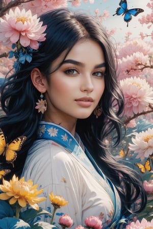 1girl, solo, looking at the audience, smiling, long blue-black hair, blue eyes with long and dense eyelashes (very bright and crystal clear), holding, flower, character name, Chinese text, no humans, pink peony flowers, bugs, butterflies, Blue flowers, yellow butterflies, white flowers, black chrysanthemums