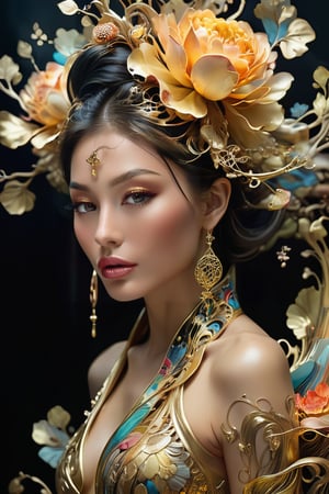 Esthereal, whimsical, fantaisie art, heavy gold metal, colorful ink flow, 64k resolution photorealistic masterpiece of an esthereal asian woman by aaron horkey and jeremy mann, intricately detailed fluid gauche painting,by jean baptiste mongue, acrylic, watercolor art, professional photography, dynamic lighting, volumetric lighting maximalist photo illustration by marton bobzert,8k resolution concept art intricately detailed, complex, elegant, majestic, ecstacy, fantastical, more detail XL, real_booster