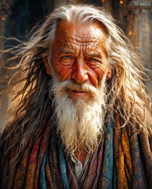 an old handsome old man with, very strong look, chiselled face, super detailed eyes,  long hair overlapping the shoulders, ((dark cloths)), highly detailed cloth in the wind, centre, look at the viewer, loving face, beautiful face, beautiful eyes, looks like a godmother, detailed digital painting bright colours used, very good lighting , dermatic backlighting, 