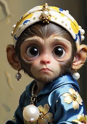 Vermeer, baby monkey with a Pearl Earring. (Masterpiece, top quality, best quality, official art, beautiful and aesthetic:1.2),(1girl:1.4), extreme detailed,(colorful:1.3),highest detailed, (cute monkey, 3year old:1.5), cute eyes, big eyes, (a sullen look:1.2), chibi,Xxmix_Catecat, ((painting on a canvas)), looking_at_viewer, front view