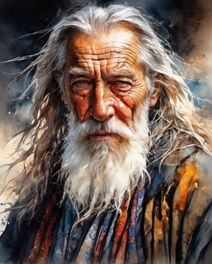 an old handsome old man with, a very strong look, chiselled face, super detailed eyes,  stylish long hair overlapping the shoulders, ((dark clothes)), highly detailed clothes in the wind, centre, look at the viewer, loving face, beautiful face, beautiful eyes, looks like a godmother, detailed digital painting bright colours used, very good lighting, dermatic backlighting, ink splish style watercolour abstract painting