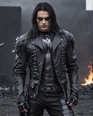 (Solo Man),  A full body shot of a young goth Man, very long hair, very serious, muscular body, chiselled face, handsome man, with one raised eyebrow, wearing a black metal cyborg suit, Black lips, dark eye makeup, dark future battlefield background, ,heavy_jacke, ,heavy_jacket,robot