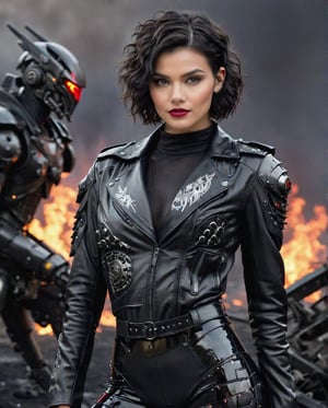 (Kendall Jenner),  A full body shot of a young goth woman, short black curly hair, slightly smiling, one raised eyebrow, wearing a black metal cyborg suit , red lips, dark eye makeup, dark future battlefield background, ,heavy_jacket,Fire Angel Mecha,mecha