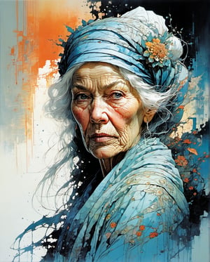 James Jean Style -Philippe Druillet Style, in the style of colourful Moebius, an old beautiful woman with lots of wrinkles, very strong look, chiselled face, super detailed eyes,  long hair overlapping the shoulders, high detailed cloth in the wind, centre, look at the viewer, very serious face, beautiful face, beautiful eyes, looks like a godmother, detailed digital painting bright colours used, very good lighting , dermatic backlighting, trompe-l'œil illusionistic detail, dark aquamarine, sleepycore
