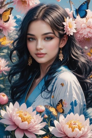 1girl, solo, looking at the audience, smiling, long blue-black hair, blue eyes with long and dense eyelashes (very bright and crystal clear), holding, flower, character name, Chinese text, no humans, pink peony flowers, bugs, butterflies, Blue flowers, yellow butterflies, white flowers, black chrysanthemums