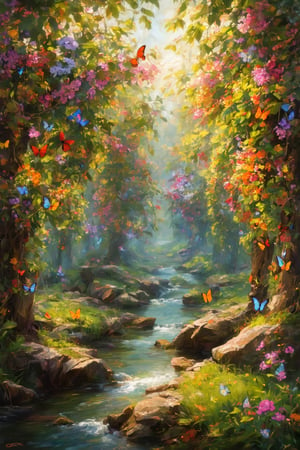 cinematic photo Wide angle oil painting, (Elaborate fantasy realms blending reality:1.3), Asymmetrical composition, Spellbinding landscapes, Rich colors, (Impeccable attention to detail:1.2), Enchanted forests, wines with flowers hanging from the trees, a small stream flowing, colourful butterflies, gloomy atmosphere, Whimsical allure, Radiant harmonies, (Cinematic 4K detail:1.3), Ultra-detailed storytelling, HDR richness. 35mm photograph, film, bokeh, professional, 4k, highly detailed