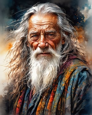 an old handsome old man with, a very strong look, chiselled face, super detailed eyes,  stylish long hair overlapping the shoulders, ((dark clothes)), highly detailed clothes in the wind, centre, look at the viewer, loving face, beautiful face, beautiful eyes, looks like a godmother, detailed digital painting bright colours used, very good lighting, dermatic backlighting, ink splish style watercolour abstract painting