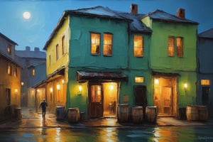 Rainy Night at the Old Beer Pub: A warm, golden light spills from the pub's doorway, casting a cozy glow on the beer barrels stacked near the wall. Beyond the pub, wooden bridges connect quaint houses, their roofs aglow in moonlight. The rain-soaked street narrows into a dark alleyway, where a lone figure disappears into the shadows. Vibrant colors of blue and green dance across the canvas, achieved with precise brushstrokes and delicate touch.,brickhouse,oil painting,itacstl