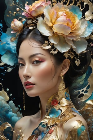 Esthereal, whimsical, fantaisie art, heavy gold metal, colorful ink flow, 64k resolution photorealistic masterpiece of an esthereal asian woman by aaron horkey and jeremy mann, intricately detailed fluid gauche painting,by jean baptiste mongue, acrylic, watercolor art, professional photography, dynamic lighting, volumetric lighting maximalist photo illustration by marton bobzert,8k resolution concept art intricately detailed, complex, elegant, majestic, ecstacy, fantastical, more detail XL, real_booster