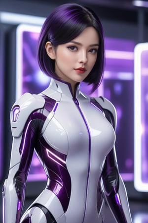 "4K anime style quality, digital drawing mode, mysterious anime female character, sleek black hair with purple streaks, deep amethyst eyes, wearing a futuristic suit with a neural interface, surrounded by a psychic aura, Blur the background to create a three-dimensional effect, atmosphere, standing in a high-tech lab with holographic screens, beautiful pure skin, Brush your hair back, short hair, beautiful pure white skin, glossy sleek hair, glossy lips, beautiful skin, beautiful female, high detail eyes texture, black purple amethyst, full body, enigmatic face, life size, perfect anatomy, smooth hair, detailed pure skin texture, dynamic pose, full HD, 4K, HDR, perfect anatomy, depth of field".