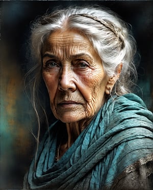 an old beautiful woman with lots of wrinkles, very strong look, chiselled face, super detailed eyes,  long hair overlapping the shoulders, dark cloth, highly detailed cloth in the wind, centre, look at the viewer, very serious face, beautiful face, beautiful eyes, looks like a godmother, detailed digital painting bright colours used, very good lighting , dermatic backlighting, trompe-l'œil illusionistic detail, dark aquamarine, sleepycore