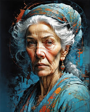 James Jean Style -Philippe Druillet Style, in the style of colourful Moebius, an old beautiful woman with lots of wrinkles, very strong look, chiselled face, super detailed eyes,  long hair overlapping the shoulders, high detailed cloth in the wind, centre, look at the viewer, very serious face, beautiful face, beautiful eyes, looks like a godmother, detailed digital painting bright colours used, trompe-l'œil illusionistic detail, dark aquamarine, sleepycore