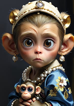 Vermeer, baby monkey with a Pearl Earring. (Masterpiece, top quality, best quality, official art, beautiful and aesthetic:1.2),(1girl:1.4), extreme detailed,(colorful:1.3),highest detailed, (cute monkey, 3year old:1.5), cute eyes, big eyes, (a sullen look:1.2), chibi,Xxmix_Catecat, ((painting on a canvas)), looking_at_viewer, front view