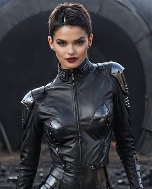 (Kendall Jenner),  A full body shot of a young goth woman, very short hair, just serious, one raised eyebrow, wearing a black metal cyborg suit , red lips, dark eye makeup, dark future battlefield background, ,heavy_jacke, 