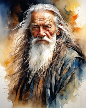 an old handsome old man with, a very strong look, chiselled face, super detailed eyes,  stylish long hair overlapping the shoulders, ((dark clothes)), highly detailed clothes in the wind, centre, look at the viewer, loving face, beautiful face, beautiful eyes, looks like a godmother, detailed digital painting bright colours used, very good lighting, dermatic backlighting, ink splish style watercolour abstract painting