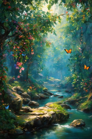 cinematic photo Wide angle oil painting, (Elaborate fantasy realms blending reality:1.3), Asymmetrical composition, Spellbinding landscapes, Rich colors, (Impeccable attention to detail:1.2), Enchanted forests, wines with flowers hanging from the trees, a small stream flowing, colourful butterflies, gloomy atmosphere, Whimsical allure, Radiant harmonies, (Cinematic 4K detail:1.3), Ultra-detailed storytelling, HDR richness. 35mm photograph, film, bokeh, professional, 4k, highly detailed