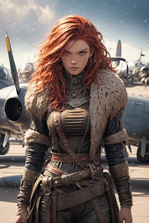 very beautiful woman with red hair medievalpunk fighter pilot, her posture shows combat experience, focused, confident face of a pilot, original military uniform, military airfield, World War II, Battle of Britain, planes in combat readiness, a combination of the mystical styles of Jean Baptiste Monge, Carne Griffiths, Michael Garmash, Seb McKinnon and Greg Rutkowski, a dynamic scene full of otherworldly qualities,photorealistic