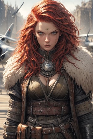 very beautiful woman with red hair medievalpunk fighter pilot, her posture shows combat experience, focused, confident face of a pilot, original military uniform, military airfield, World War II, Battle of Britain, planes in combat readiness, a combination of the mystical styles of Jean Baptiste Monge, Carne Griffiths, Michael Garmash, Seb McKinnon and Greg Rutkowski, a dynamic scene full of otherworldly qualities,photorealistic