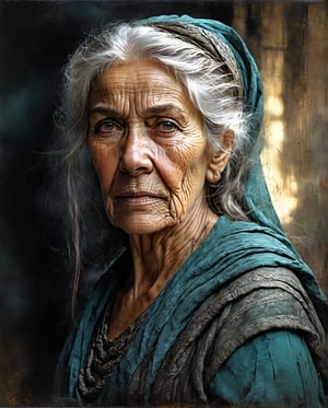 an old beautiful woman with lots of wrinkles, very strong look, chiselled face, super detailed eyes,  long hair overlapping the shoulders, dark cloth, highly detailed cloth in the wind, centre, look at the viewer, very serious face, beautiful face, beautiful eyes, looks like a godmother, detailed digital painting bright colours used, very good lighting , dermatic backlighting, trompe-l'œil illusionistic detail, dark aquamarine, sleepycore