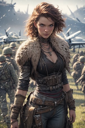 very beautiful woman medievalpunk fighter pilot, her posture shows combat experience, focused, confident face of a pilot, original military uniform, military airfield, World War II, Battle of Britain, planes in combat readiness, a combination of the mystical styles of Jean Baptiste Monge, Carne Griffiths, Michael Garmash, Seb McKinnon and Greg Rutkowski, a dynamic scene full of otherworldly qualities