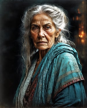 an old beautiful woman with lots of wrinkles, very strong look, chiselled face, super detailed eyes,  long hair overlapping the shoulders, ((dark cloths)), highly detailed cloth in the wind, centre, look at the viewer, very serious face, beautiful face, beautiful eyes, looks like a godmother, detailed digital painting bright colours used, very good lighting , dermatic backlighting, trompe-l'œil illusionistic detail, dark aquamarine, sleepycore