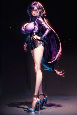 Highly detailed, High Quality, Masterpiece, beautiful,(long long shot), 1girl, (Purple Hair, Red Eyes, Long hair, Hair in Motion, Blue long-sleeved blouse, Dark Shorts, Big breasts, Detailed Background, portrait, (show full body), (long legs, high heels, full body:1.4)