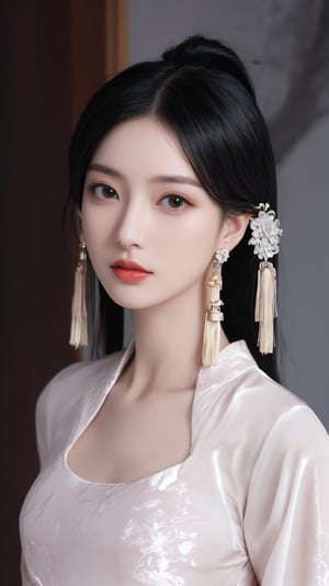1girl, solo, long hair, looking at viewer, black hair, hair ornament, dress, jewelry, upper body, earrings, black eyes, chinese clothes, realistic