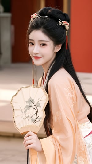 1girl, solo, long hair, looking at viewer, smile, black hair, hair ornament, long sleeves, dress, holding, upper body, wide sleeves, hair bun, blurry, black eyes, from side, blurry background, chinese clothes, hand fan, realistic, holding fan, hanfu