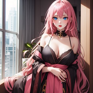 Megurine Luka - A beautiful woman with long, straight pink hair that reaches down to her waist, blue eyes, and red lips.,Asia