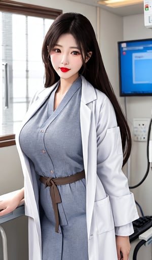 1 girl, solo, long straight, black hair, bushy straight long, staring at you, brown eyes, red lips, very long hair, big breasts, ball-shaped breasts, tight waist, sweet face, beautiful Japanese woman, wearing a white coat as a female doctor and working in a hospital