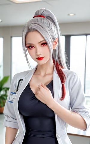 One girl, solo, top ponytail, silver hair, coming towards you, red eyes, red pupils, red lips, waist-long hair, large breasts, ball-shaped breasts, tight waist, gentle face, beautiful Japanese woman, five fingers, working as a female doctor