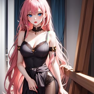 Megurine Luka - A beautiful woman with long, straight pink hair that reaches down to her waist, blue eyes, and red lips.,Asia