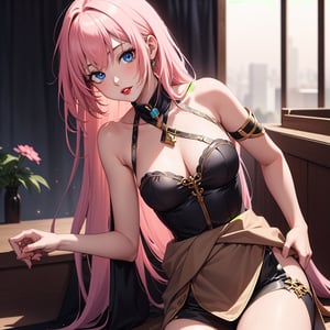 Megurine Luka - A beautiful woman with long straight pink hair that reaches down to her waist, blue eyes, and red lips.