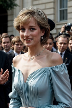 A warm evening sunlight casts a gentle glow on Princess Diana's radiant smile as she exits a sleek black limousine. The soft focus captures her elegance in a flowing white evening gown, accentuating the delicate curves of her neck and shoulders. Her sapphire like glossy blue eyes sparkle with kindness, framed by long, luscious eyelashes, charming smile face, expressive eyes, smile