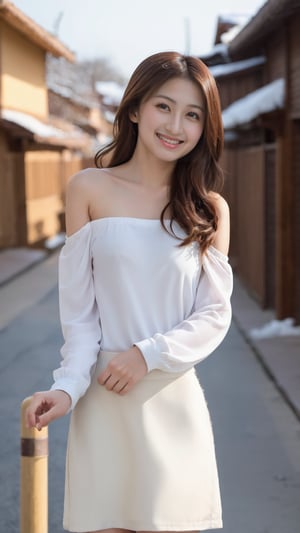 1girl, solo, long hair, looking at viewer, brown hair, shirt, bare shoulders, brown eyes, standing, nude , realistic, photo background without depth of field, photo inset, street, slim figure , ,snow-white skin, closed_mouth, grin, smile, breast,