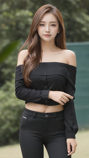 1girl, solo, long hair, looking at viewer, brown hair, shirt, bare shoulders, brown eyes, standing, pants, off shoulder, from side, black shirt, realistic, photo background, photo inset