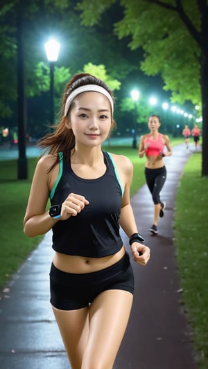 Fair-skinned woman, high-quality, side view, jogging on a real park pathway, background with at least three other people, sweating, night time, well-lit path, urban park setting, casual workout, active lifestyle, realistic scene.