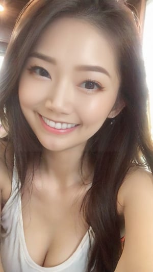 "1girl, solo, long hair, looking at viewer, smile, black hair, teeth, grin, black eyes, lips, realistic, cleavage, cozy, interior, top_breast, 'A white strapless tank top', selfie, slightly pulled back view", sexy face,